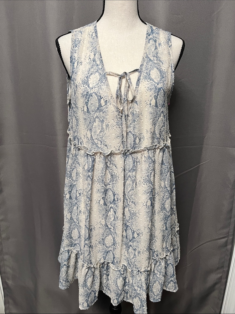 Altar'd State Blue & Cream Snake-Print Tie-Front Midi Dress